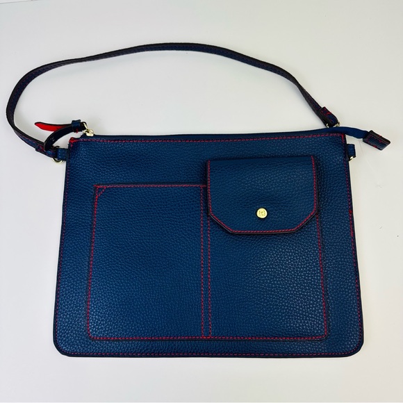 TUTILO New York Faux Leather Blue Slim Purse Shoulder Bag Red Stitching Zip Top - Picture 1 of 5